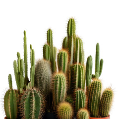 Group of various green cacti, differing shapes and sizes