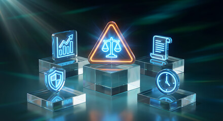 digital icons on glass pedestals with blue neon light featuring scales of justice in a glowing warning triangle for business risk assessment legal compliance and data security