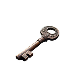 Antique, ornate key on black; close up view