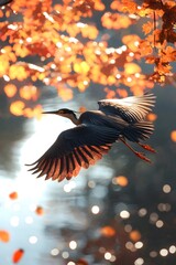 The heron flying on the lake in autumn
