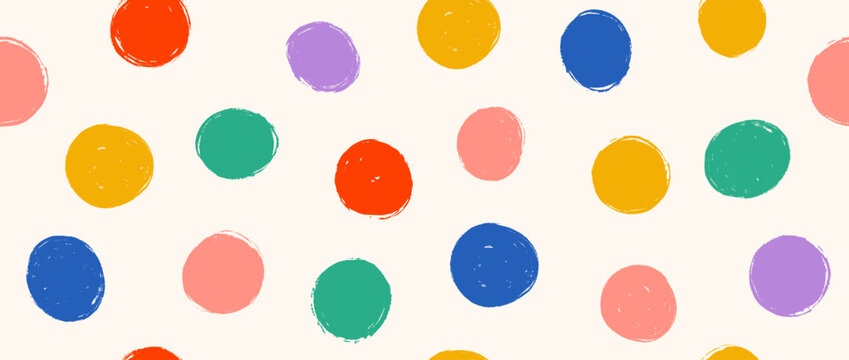 Bright clown polka dot seamless pattern. Repeated round painted confetti background. Happy colorful dotted wallpaper for Easter wrapping paper, birthday decoration, kid bday nursery decor. Vector