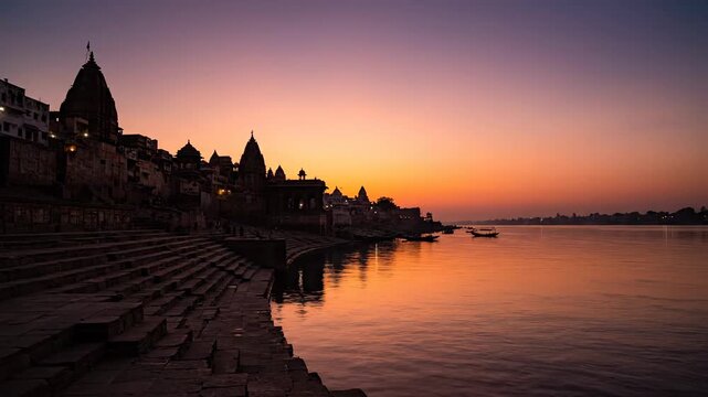 Silhouette of Varanasi Ghats and Temples at Sunset on the Ganges