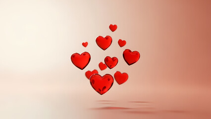Floating red hearts in various sizes against a soft gradient background, perfect for romantic themes, love celebrations, and heartfelt messages in digital design projects.