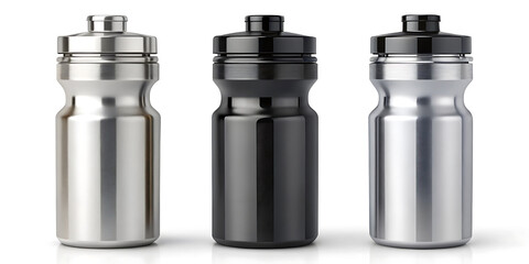 Set of Three Sports Water Bottles in Silver and Black Metallic Finishes for Team Hydration and Branding
