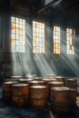 Rusty oil drums and light beams in abandoned factories