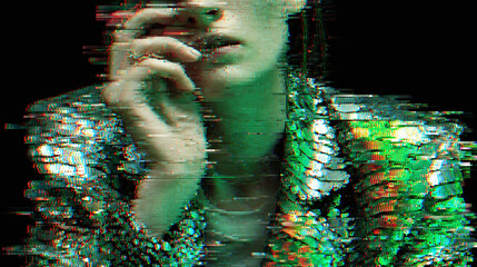 A person wearing a shimmering sequin jacket in a glitch effect style