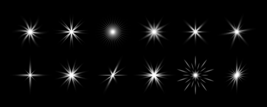 White glowing sparkles collection. Shining light flares effect set. Magical stars, twinkles and sparks glowing pack. Starlight rays radiance sun elements group. Radiant sun beam bursts bundle. Vector