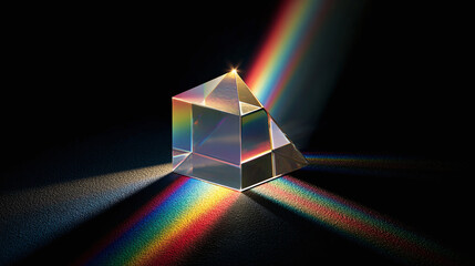 A triangular prism dispersing white light into a spectrum of colors, illustrating the nature of light