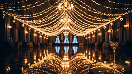 Elegant banquet hall adorned with sparkling fairy lights, reflecting on polished floors, creating a romantic atmosphere perfect for weddings or upscale events.