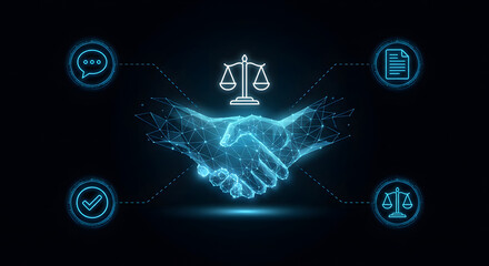 digital handshake between glow plexus wireframe hands with legal scale icons and business agreement symbols for law technology and smart contract concept on dark background