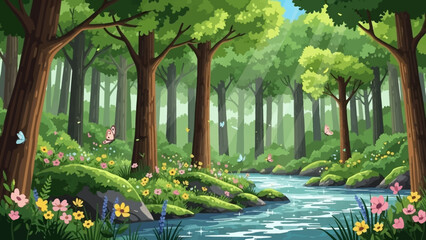 Obraz premium Serene Forest Landscape with River and Trees.