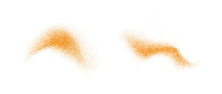 Orange spices powder splashes. Flying masala seasoning particles burst. Dust sand and dirt textured piles. Cumin and curry flakes scattered on surface. Dried spicy explosion. Vector illustration