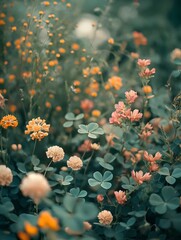 The swaying clover and colorful flowers in the garden