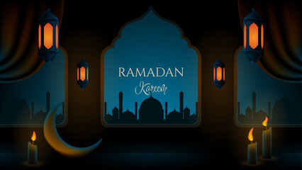 Ramadan kareem with a crescent moon candles and lanterns in the night.