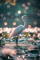 Elegant foraging egrets in summer wetlands