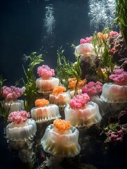 Colorful jellyfish in the deep sea