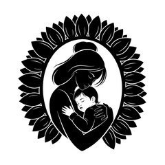 Floral Leaf Frame Mother Baby Hug Silhouette Vector Illustration