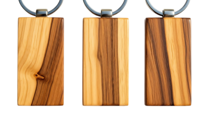 three wooden keychains with metal rings on white background