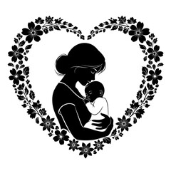 Flower Wreath Bun Mother Baby Nursing Silhouette Vector