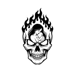 Flaming Skull Heart Mother Daughter Kiss Vector Tattoo