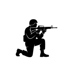 Obraz premium Silhouette Soldier Kneeling Aiming Assault Rifle