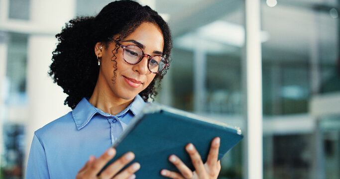 Office, tablet and woman with glasses, reading and risk assessment for investment proposal and info. Business, financial analyst and person with tech for asset management, research and budget review