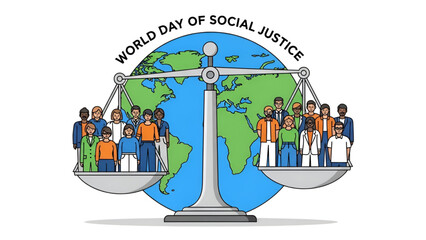 Naklejka premium Social justice global equality illustration showing balanced scale with diverse people and world map representing fairness inclusion human dignity and equal rights awareness