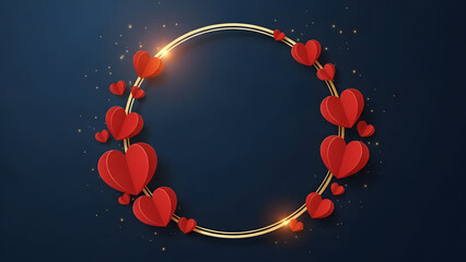 Round Frame of Red Paper Hearts with Golden Rim on Dark Blue Backdrop image photo