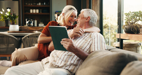 Happy, love and old couple on sofa with tablet for subscription, connection or online website in home. Retirement, marriage and senior man and woman on digital tech for bonding, hug or relax together