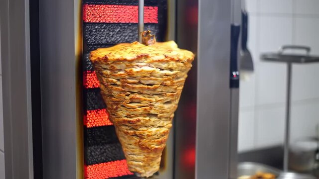 A rotating stack of cooked meat on a spit, illuminated by heat lamps, ready for slicing