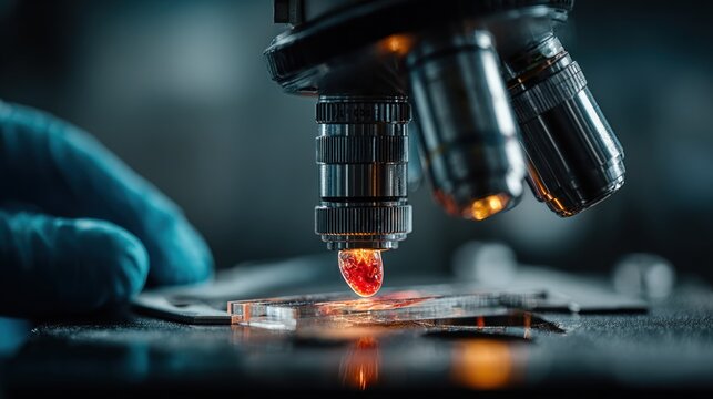 Detailed close-up of a microscope with a sample on the stage
