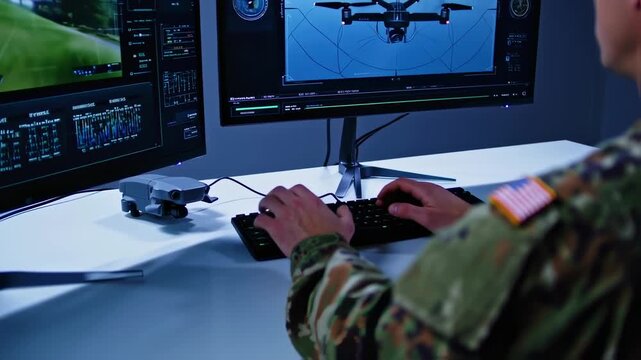 A person in camouflage operates a keyboard, managing a drone via dual computer screens