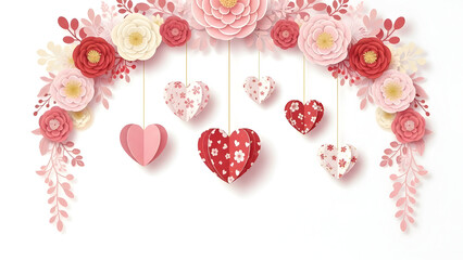 Arch of pink and red paper flowers and hearts on a white background love valentine
