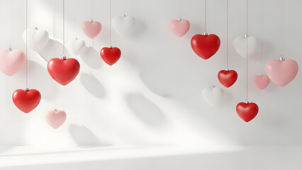 Assorted Red and Pink Hearts Hanging in a Bright White Room with Shadows image photo
