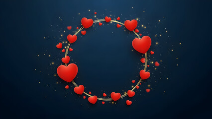 Circular Frame of Red Hearts and Gold Glitter on Dark Blue Background image photo