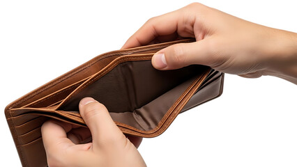 Two hands holding an empty brown leather wallet on a white background