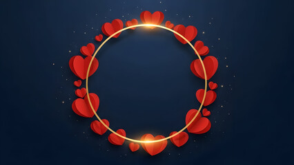 Circular Frame of Red Paper Hearts with Golden Glow on Dark Blue Background circle