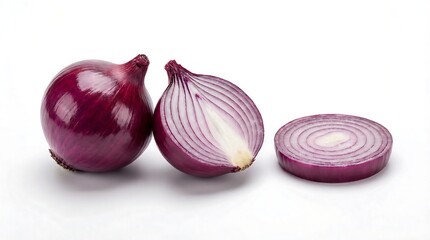 A vibrant red onion is showcased with a precise cut revealing its layered internal structure and smooth glossy skin