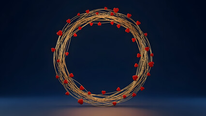 Circular frame of tangled golden wires with small red hearts on dark blue background