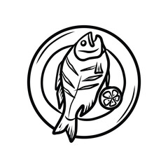 Fototapeta premium Grilled Fish on a Plate with Lemon Slice Line Art Illustration