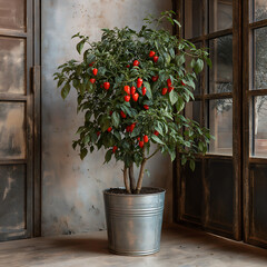 Stylish Urban Jungle: Decorative Houseplants and Red Peppers in a Cozy, Modern Home Decor with Vibrant Greenery and Rustic Charm