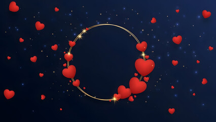 Gold Ring Frame with Red Hearts and Golden Sparkles on Dark Blue love symbol