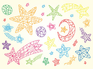 Space. Vector doodle Set of Colorful Sun, Moon (Crescent), Stars, Comets
