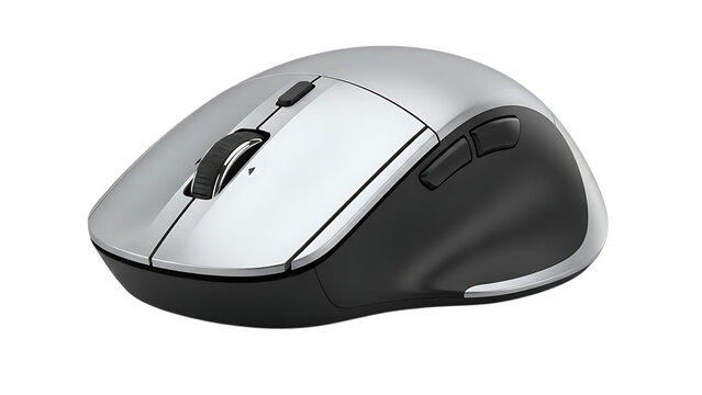 silver and black wireless computer mouse with scroll wheel and buttons isolated on white background