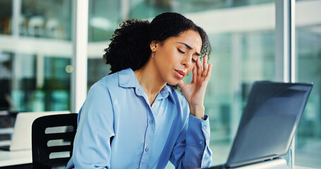 Financial advisor, laptop and woman with headache, stress and pain with burnout, tension and pressure. Investor, employee and person in office, pc and frustrated with migraine, tired and overworked