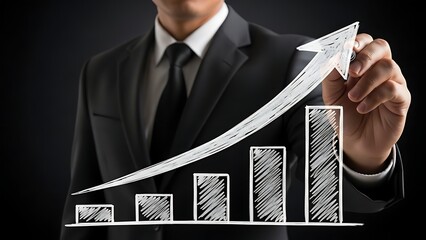 Businessman drawing an upward trending graph with arrow representing growth and success in business and finance, photo illustration