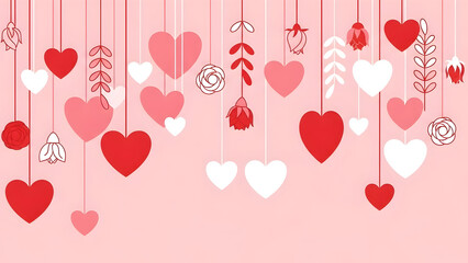 Hanging Red and Pink Hearts and Flowers on a Pink Background love valentine