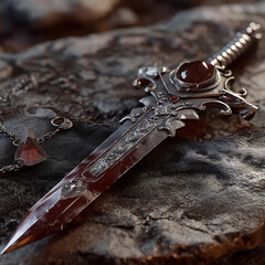 Ornate Gemstone Sword and Dagger: Exquisite Medieval Metal Craftsmanship and Fantasy Design on Rustic Stone Background