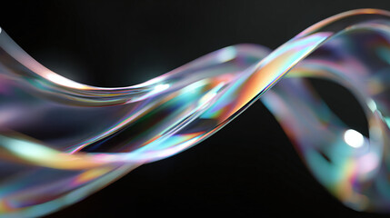 A captivating close-up of an iridescent, twisting glass ribbon against a dark background, revealing vibrant colors and intricate light play