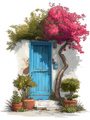 Mediterranean Style Blue Door with Flowers and Greenery: Inviting Scene of Heritage Architecture and Nature Inspired Urban Garden
